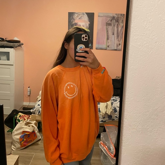 I Stole My Boyfriend's Shirt | Happy Face Rainbow Sweatshirt in Orange - Picture 1 of 4